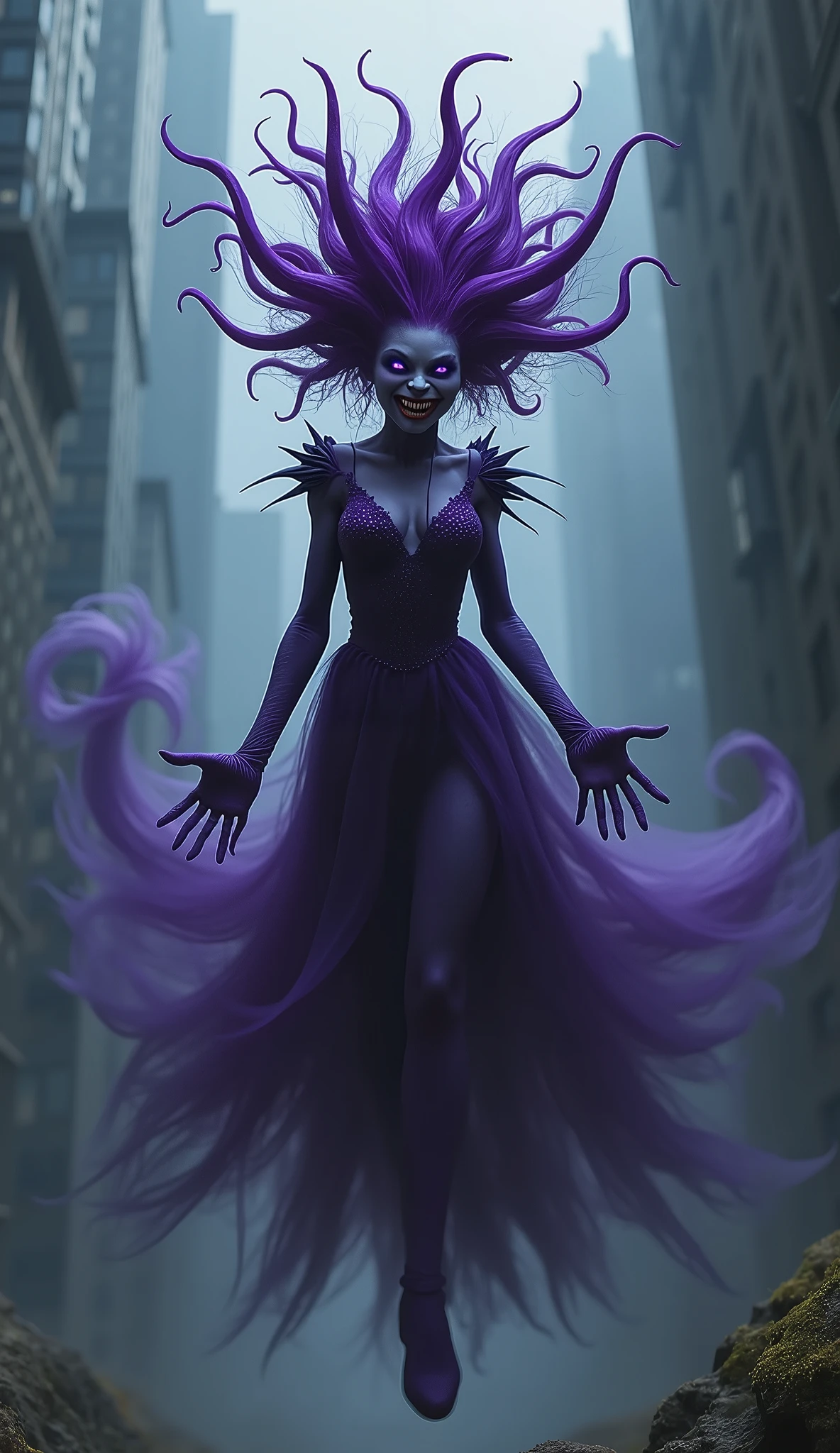 Ghost, (monster girl), purple skin, spikes, spiky purple hair, a fanged grin, floating hands, dressed in a dark-purple dress, floating in midair, masterpiece, best quality