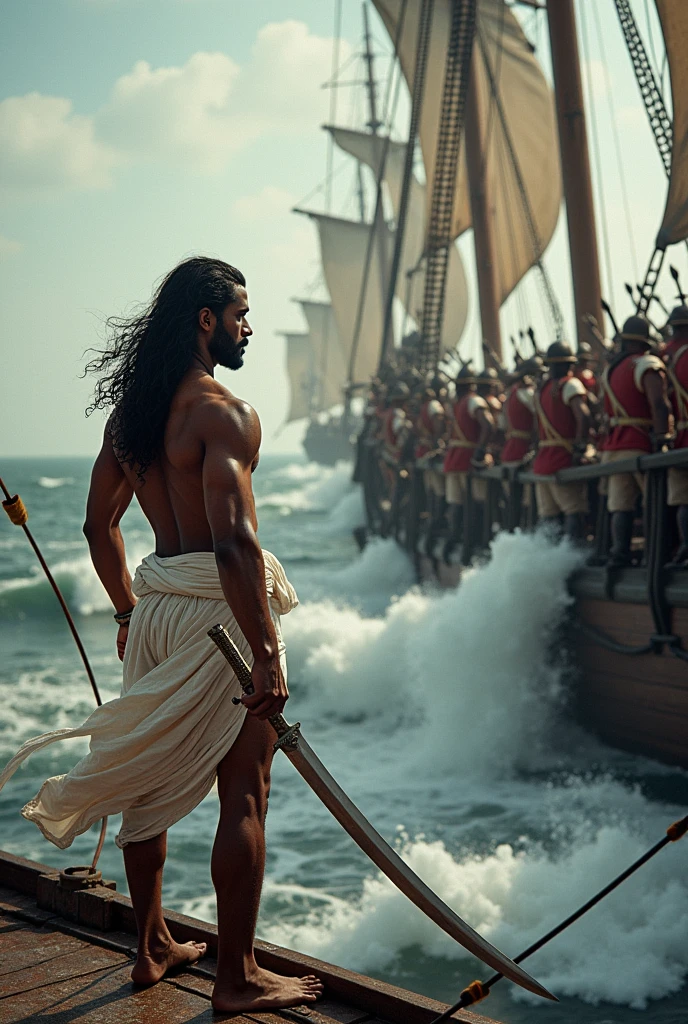 Dutch army and, an Indian Hindu warrior is fighting them, in the ship and the Hindu warrior is wearing his Hindu traditional white dhoti dress and has a gym body and a dramatic scene looks like a war. This scene is from ancient times, 1600 AD.