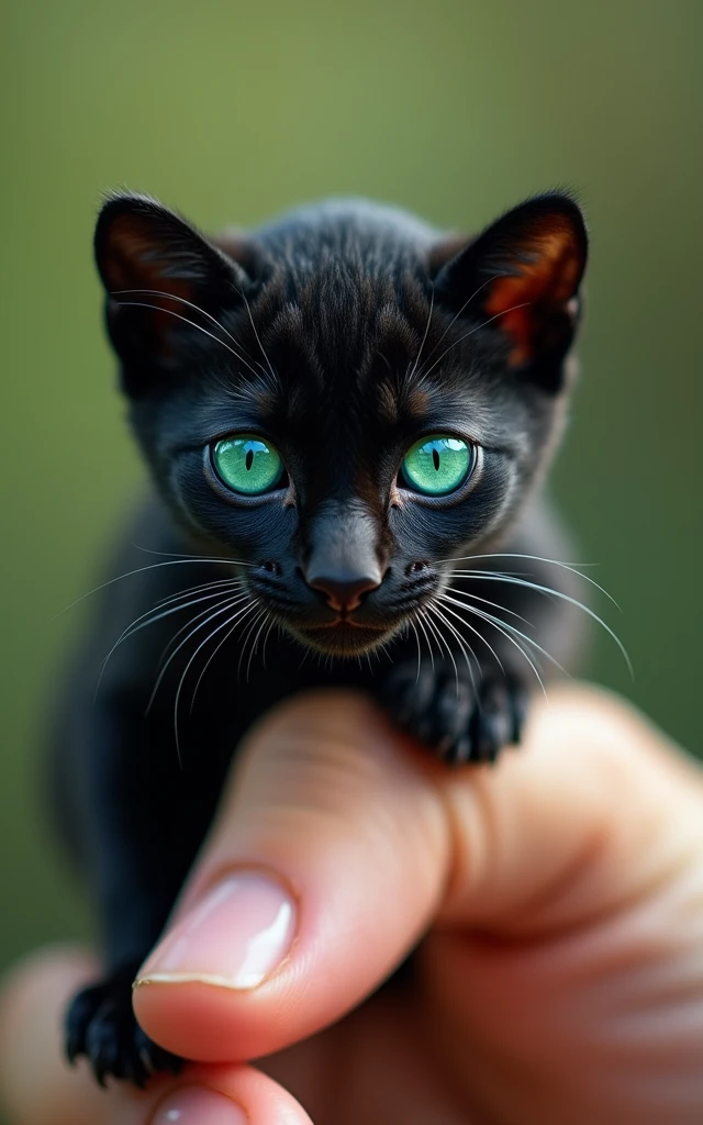 Photorealistic, 34k, A micro panther perched on a human finger