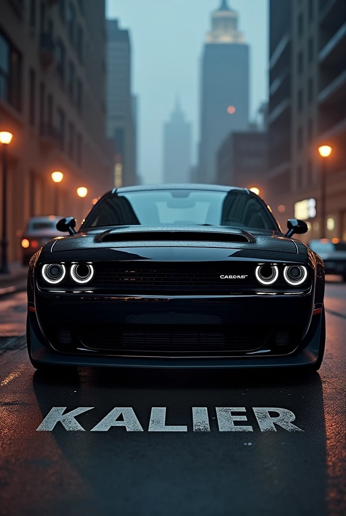 Blacked out hellcat with the word kaliber below it