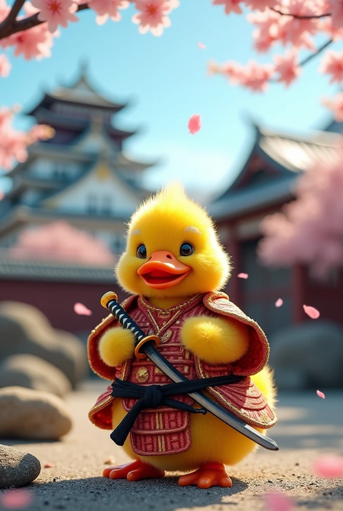 Yellow soft fur duck wearing gold and red samurai costume holding japanese sword, zen garden background with japanese castle