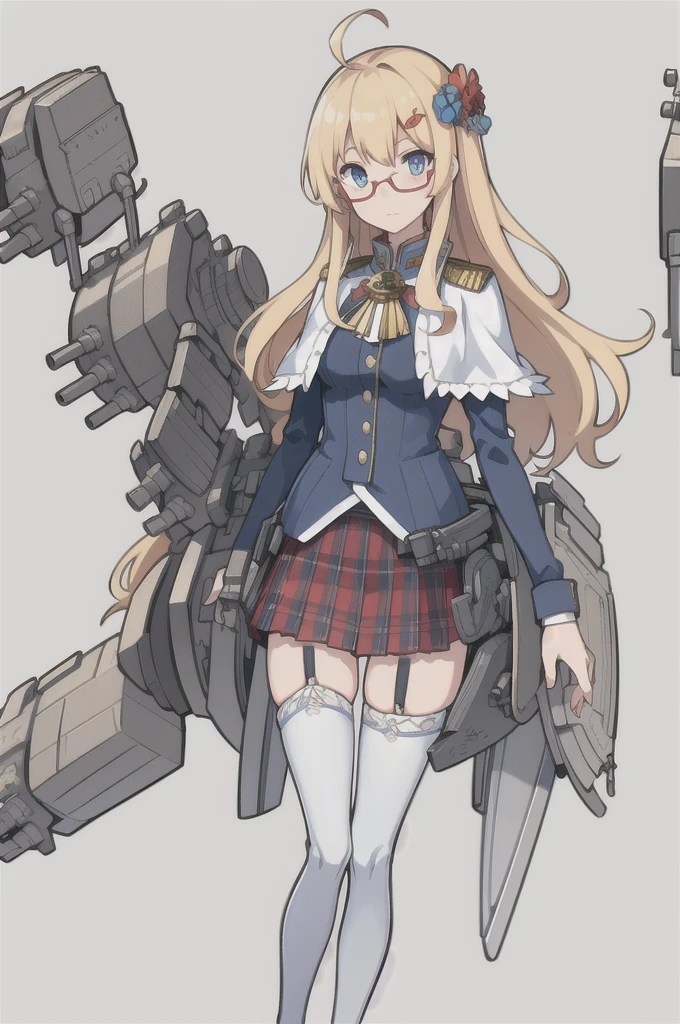 Hood \(warship girls r\),((masterpiece)),(((best quality))),((ultra-detailed)),((illustration)),((disheveled hair)),((frills)),(1 girl),(solo),1girl,blonde hair,blue capelet,blue eyes,blue jacket,blush,buttons,cannon,capelet,closed mouth,flag,glasses,hair ornament,jacket,long hair,long sleeves,looking at viewer,machinery,mecha musume,military uniform,miniskirt,pleated skirt,red-framed eyewear,ribbon,rigging,semi-rimless eyewear,shirt,skirt,smokestack,solo,standing,striped,sword,thighhighs,turret,under-rim eyewear,underwear,uniform,union jack,white legwear,After the transformation,
Moderate legs,ahoge,