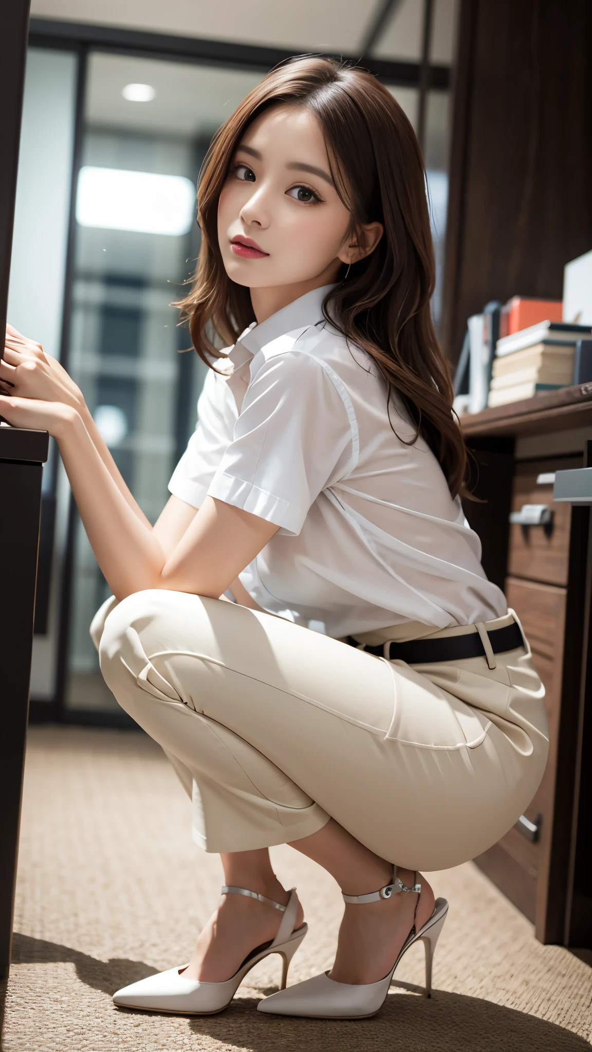 (8k、nffsw、High resolution)、((((photograph、RAWphotograph、hyper realism、masterpiece、highest quality、Super High resolution))))、(pin light、Backlight、Backlight、cinematic light)、sharp focus:1。4、(hyper detail、small details)、cowboy shot、 1 girl、oval face、big, beautiful cat-like eyes、small and slightly plump lips,,,,,,,,,,,,,、thick eyebrows、long and beautiful eyelashes。Gives transparency to the entire makeup、Put sparkling pink lip gloss on your cheeks.。(((Wavy dark brown medium hair)))。(((white shirt)))、big and full breasts、cleavage、25 years old、(droopy eyes 1.5)、 beauty、Japanese、(((white panties)))、(8ＫRAWphotograph、highest quality、Masseter muscle part:1.2)、Super detailed、super resolution、(realistic、realisticphotograph:1.37)、portrait、High-definition RAW color photograph、Professional photography、hvery detailed and beautiful、very detailed、8ＫWallpaper、amazing details、huge file size、official art、Hvery detailed CG Unity 8Ｋwallpaper、hvery detailed beautiful girl、very detailedな顔、very detailedな目、very detailedな肌、very detailedな指、hvery detailed nose、Very detailed、perfect anatomy、detailed background、cute、Realistic body shape、white skin、glowing skin、handsome body、cute、cute faces、lifelike face、delicate eyes、look at the camera、positive、thick tight、(Hvery detailed white skin)、shiny、troubled face、excited face、Muchimuchi、(View from the front:1.2)、(Japanese office lady:1.2)、(knees:1.3)、(((lift the skirt、lift the skirt with both hands,、lift the skirt yourself、I can see white pants)))、dark officeで、((squat exercise:1.3))、((low angle shot:1.2))、(((wearing high heels)))、(((dark office)))、