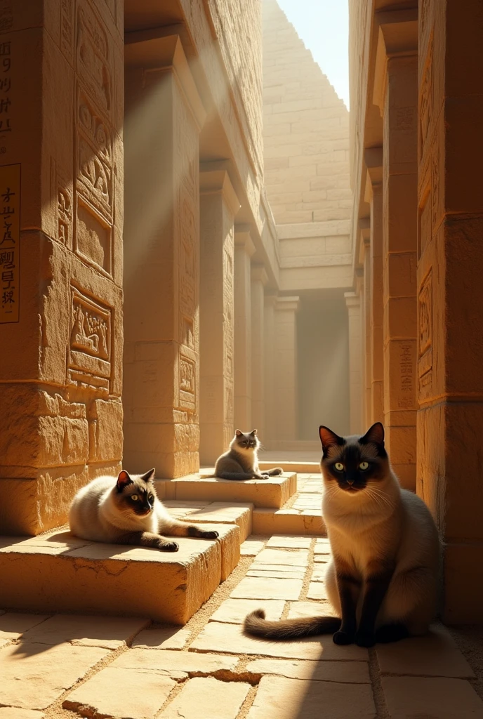 Create three adult cats inside a pyramid in Egypt