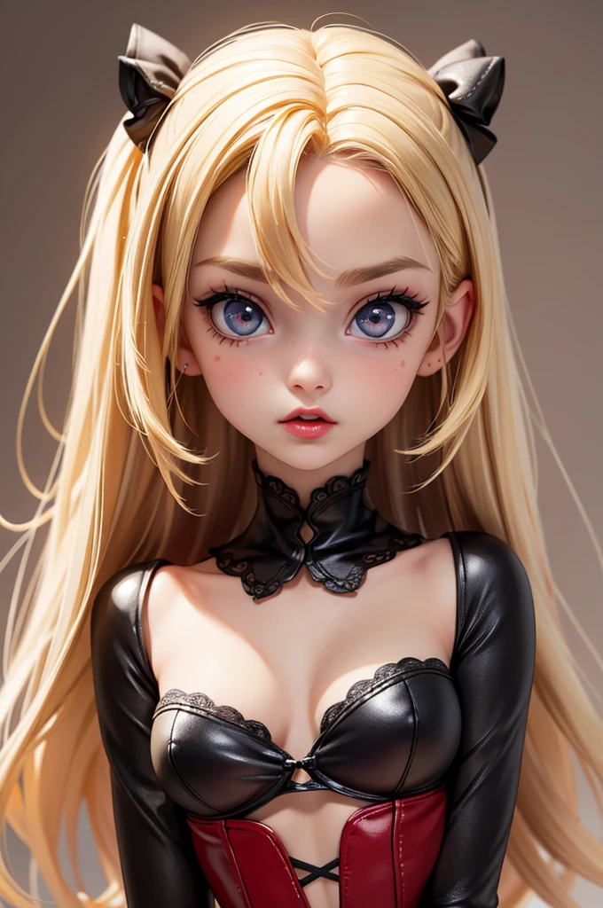 hyperrealistic 14 year old american , blonde, little, perfect tiny body, sexy, dark makeup, perfect slim face, big red lips, very cute face, tiny body, big eyes, young looking, childish looking, showing tits, sexy