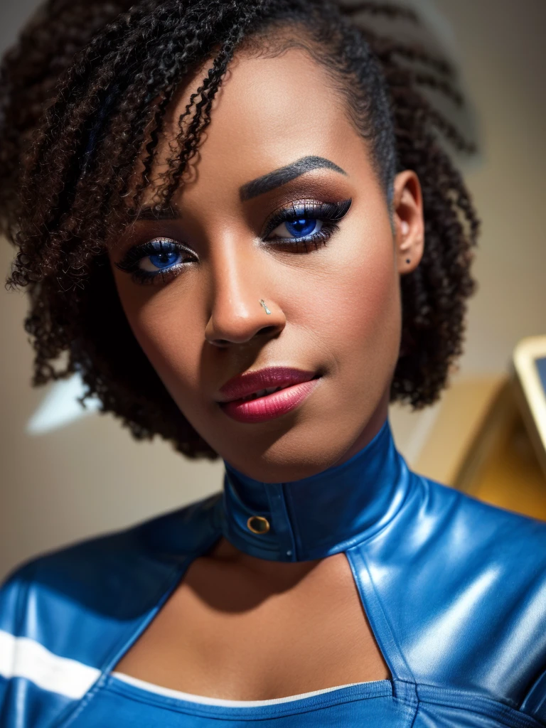 a black woman wearing a blue uniform, beautiful detailed eyes, beautiful detailed lips, extremely detailed face, long eyelashes, intricate details, photorealistic, cinematic lighting, dramatic shadows, hyperrealistic, sharp focus, vibrant colors, oil painting style, masterpiece, award-winning, stunning, breathtaking
