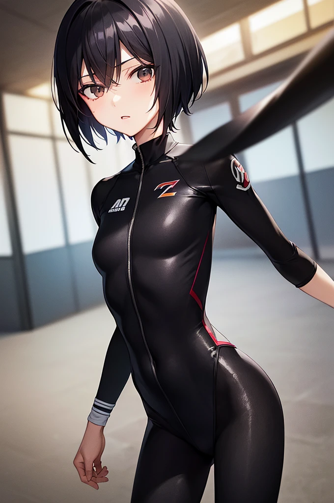 masterpiece, best quality,anime style, 1 girl,(((slender body))), (((small eyes))),(((athlete suit))), (beautiful face), (((short hair))), (((straight hair))), ((((black hair)))),detailed beautiful skin, (perfect hands, perfect anatomy),scream