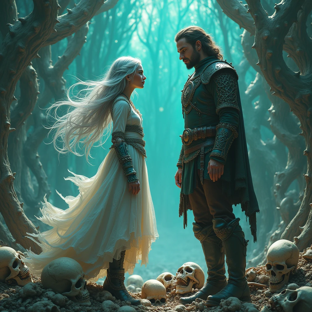 a girl and a man talk to each other above a pile of corpses, appendage architecture made from skeletons, fantasy, Intricate, elegant, Highly detailed, Centered, symetry, picure, Intricate, voluminetric lighting, Beautiful, rich deep colors masterpiece, Sharp focus, Ultra detailed, in the style of dan mumford and marc simonetti, astrophotography