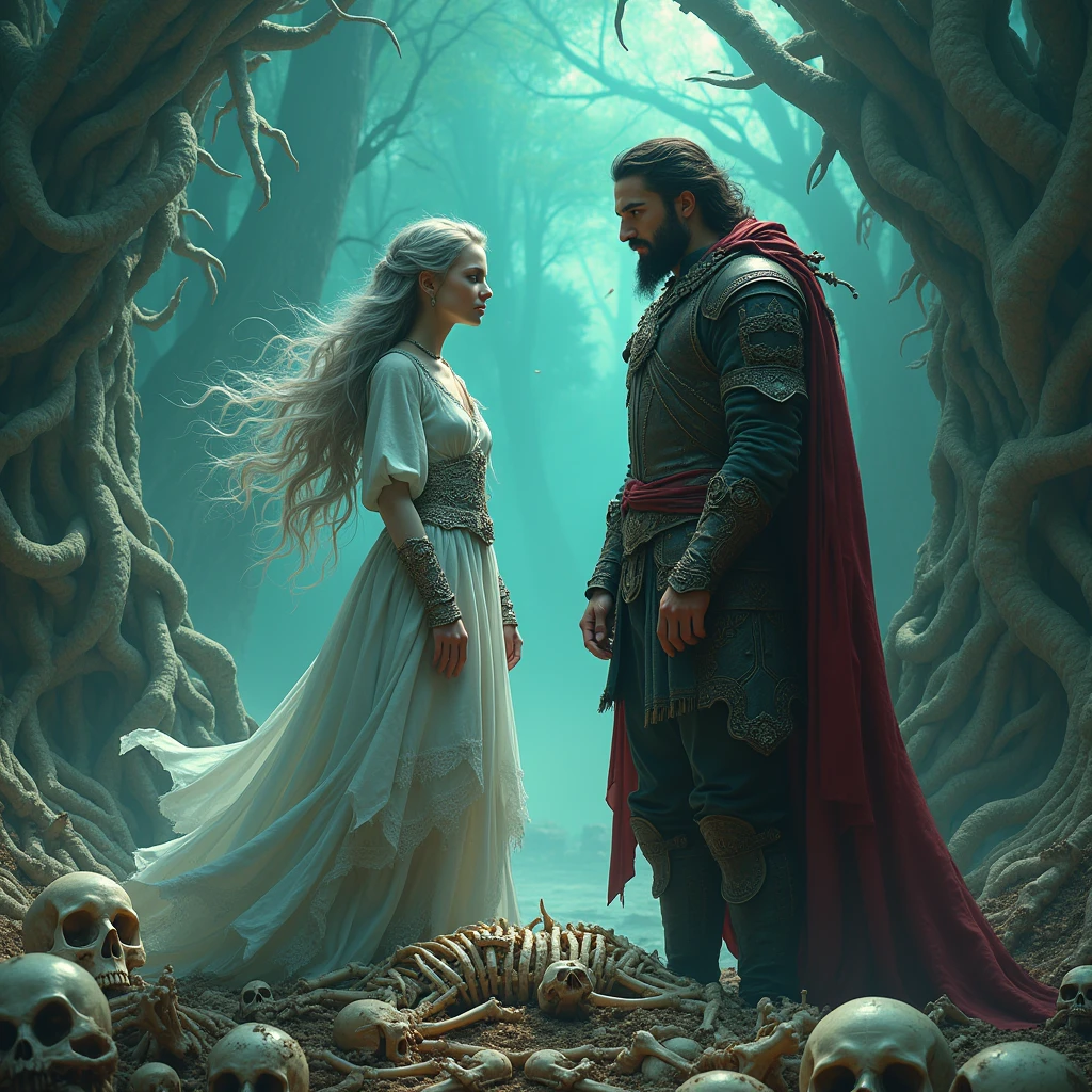a girl and a man talk to each other above a pile of corpses, appendage architecture made from skeletons, fantasy, Intricate, elegant, Highly detailed, Centered, symetry, picure, Intricate, voluminetric lighting, Beautiful, rich deep colors masterpiece, Sharp focus, Ultra detailed, in the style of dan mumford and marc simonetti, astrophotography