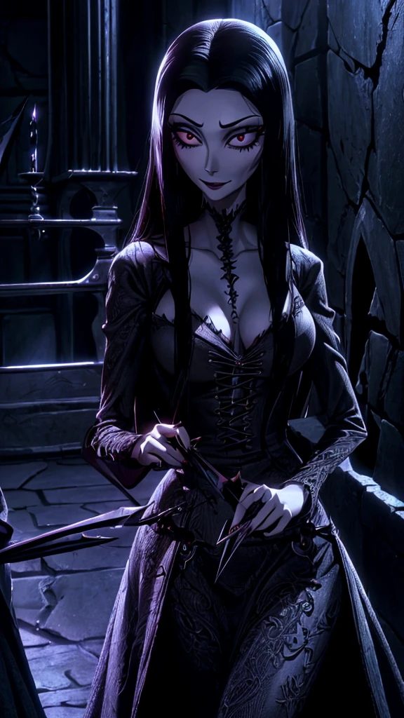 (1girl, Morticia), (extremely detailed CG unit 8k wallpaper),(master part), (best quality), (ultra detail), (best illustration),(TimBurton Animation), cowboy shot, (Sharp eyeliner, ombre, detail eyes), dark dungeon interiors background, ,break , (vamptech),