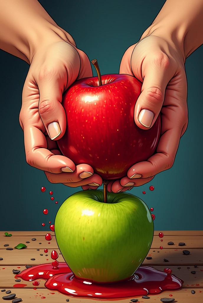 hands crushing fruit, red and green apple, illustration