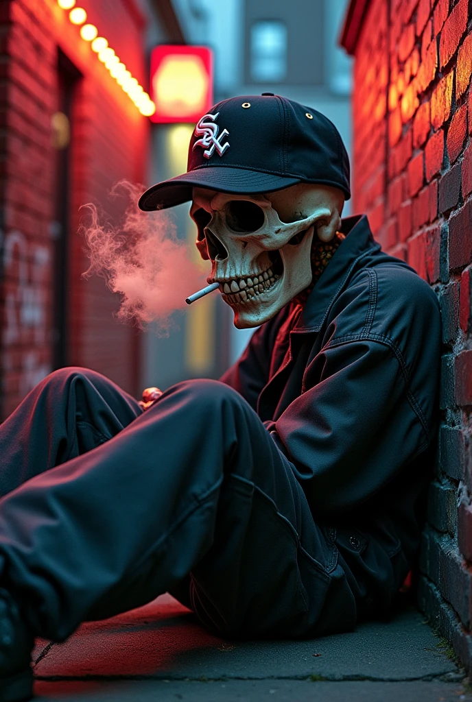 Imagine a badass skull with a new era White Sox cap smoking a cigarette, animated by baggy pants lying down 