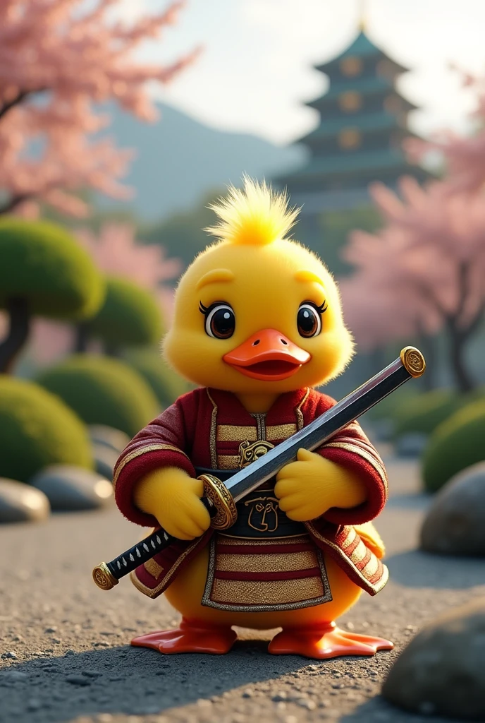 Yellow soft fur duck wearing gold and red samurai costume holding japanese sword, zen garden background with japanese castle