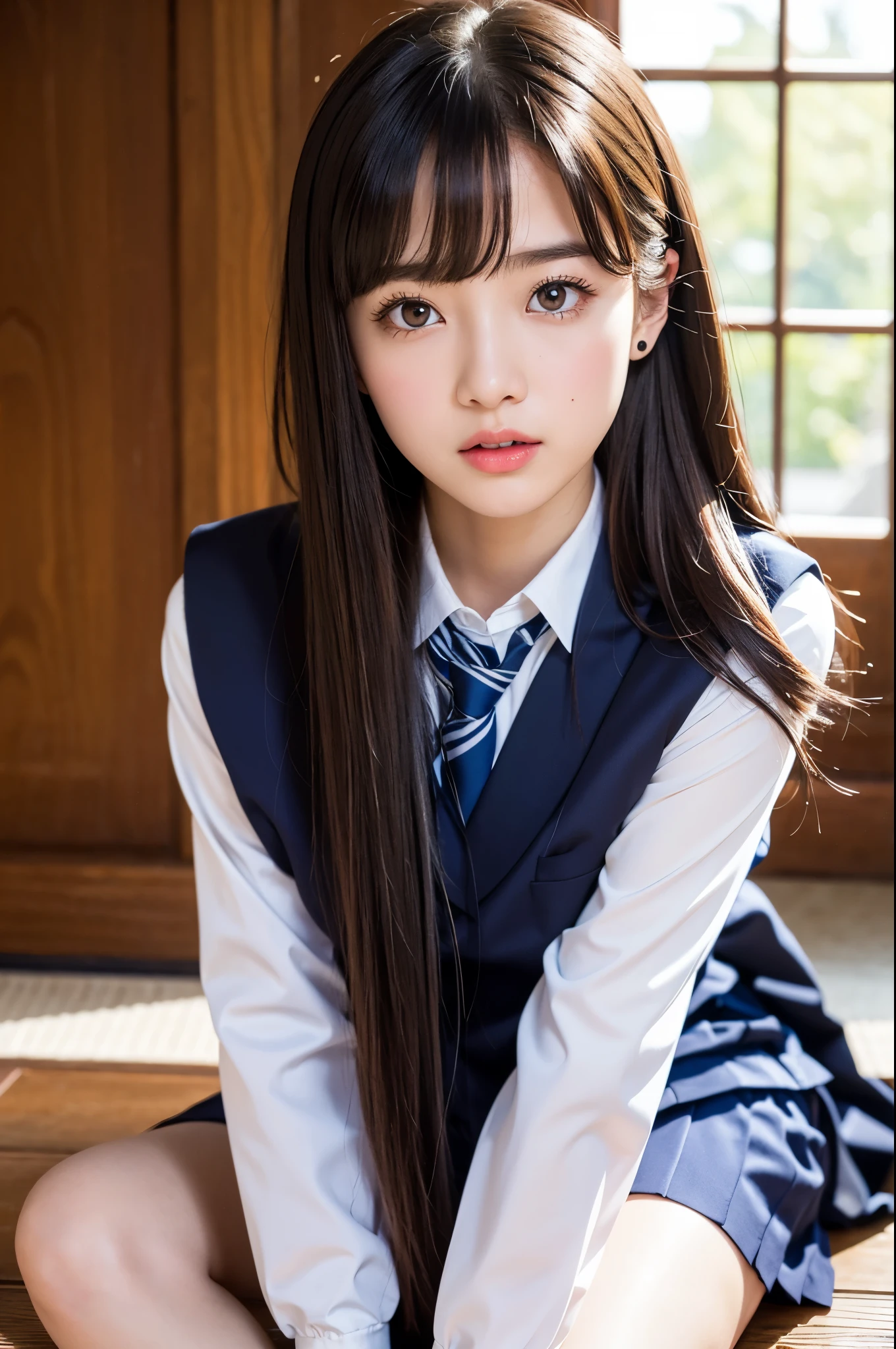 (Raw photo:1.2), (Photottorial,:1.4), a beautiful detailed girl, extremely detailed eye and face, beatiful detailed eyes, Ridiculous, unbelievable Ridiculous, huge filesize, Ultra-detail, hight resolution, ighly detailed, best qualtiy, masuter piece, , Kemomimi, ((Japan Girls' High School Uniform)),, ighly detailed, UHQ, unification, 8k wallpaper, magnificent, finely detail, masuter piece,, best qualtiy, Highly detailed UHQ uniform 8k wallpaper, Light on the face、Movie Lighting、 girl、((dynamicposes))、(half)、(panthyhose、、、、)、(Sit on your legs with your knees bent))、shorth hair、long neck、Put your ears out、bangss、big eye、Lashes、cute little、a very cute