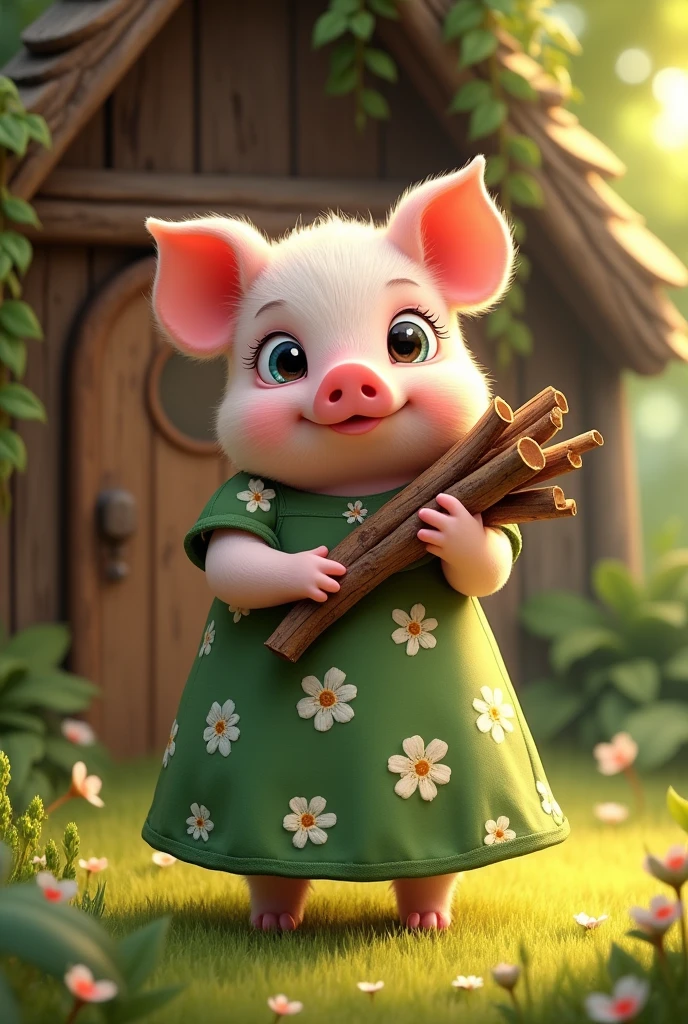 full-body illustration, (1piglet:1.2), (dark green eyes:1.2), (cute and chubby:1.3), carrying a heap of long wooden logs in hand, wearing a long green floral dress with white flowers, standing on hind legs, (adorable expression:1.3), big blue eyes, small snout, (realistic fur texture), (nature background:1.2), surrounded by grass, ((building a small house made of wooden sticks)), standing in front of a small house made of wooden logs and beautiful wooden door, sunlight filtering through the leaves, (soft lighting:1.3), (warm and bright color scheme:1.3), (highly detailed), (ultra quality:1.3), (masterpiece), (digital art), 8K resolution, HDR, depth of field, (soft shadows), (photorealistic:1.3), (animation:1.2), (by Greg Rutkowski:0.9), (in the style of Alphonse Mucha), trending on ArtStation, award-winning art