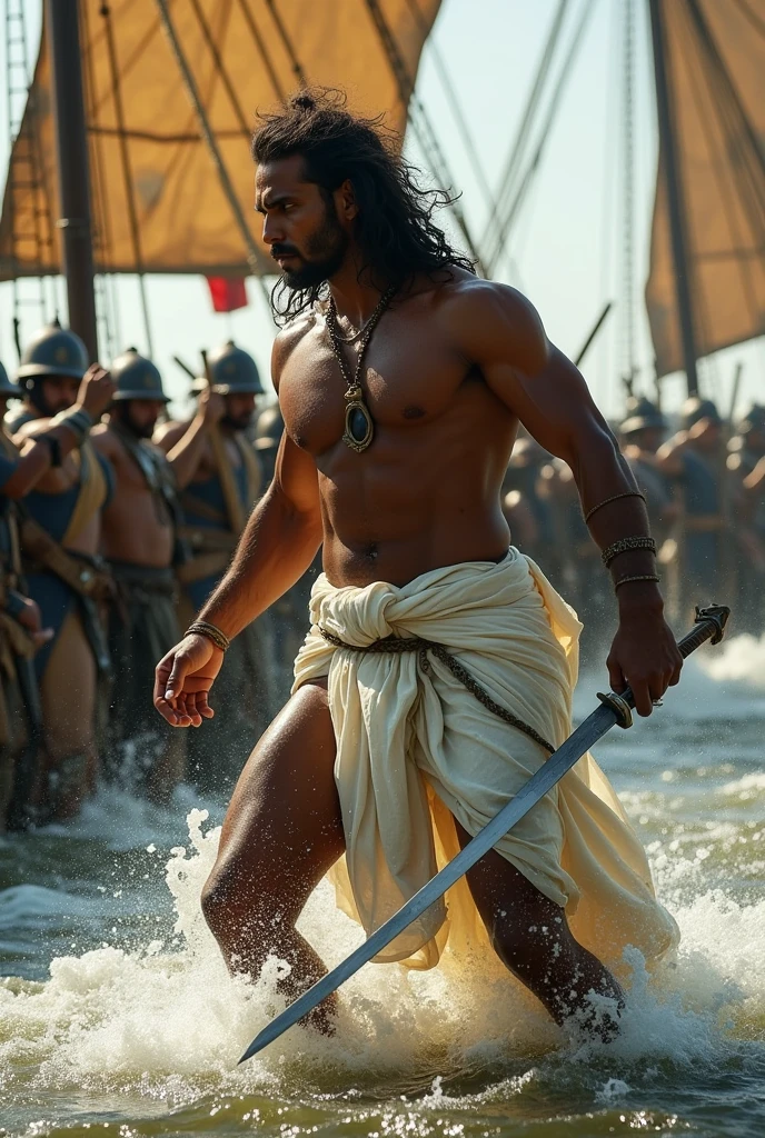 Dutch army and, an Indian Hindu warrior is fighting them, in the ship and the Hindu warrior is wearing his Hindu traditional white dhoti dress and has a gym body and a dramatic scene looks like a war. This scene is from ancient times, 1600 AD.