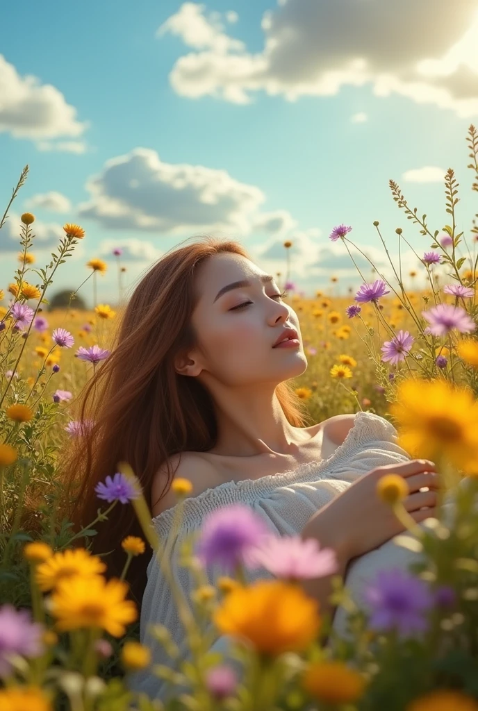 Woman lying on her side among flowers