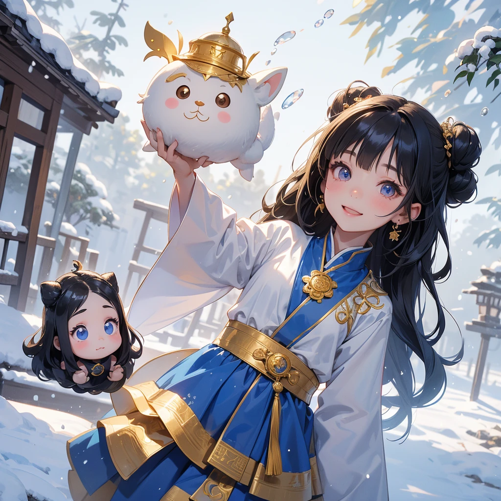 A chibi girl had a small and Wearing a blue little Taoist priest's outfit. A pair of big round eyes shone with curiosity about him. This child was te!, Burning joss paper and gold paper for the departed spirits in front of the house, raindrops are falling down, her hair is black with two buns on her hair.small chibi, chibi baby, smiling.
little chibi baby lup with his c raised, and his face was old and proud.
Amidst the white snowy atmosphere, the snow is falling lightly, watching the snow fall one by one