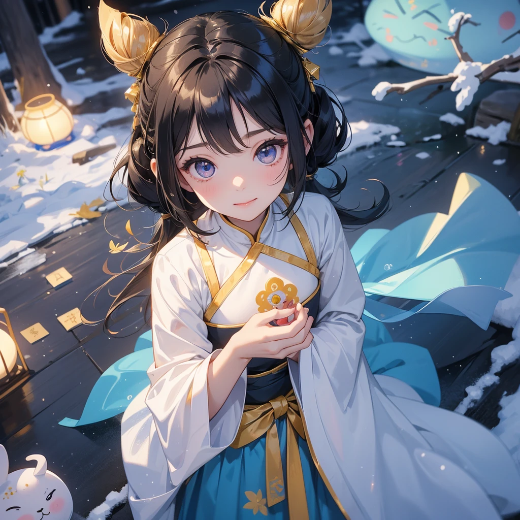 A chibi child girl had a small face and Wearing a blue little Taoist priest's outfit. A pair of big round eyes shone with curiosity about him. This child was so cute!, Burning joss paper and gold paper for the departed spirits in front of the house, raindrops are falling down, her hair is black with two buns on her hair.small chibi, chibi baby, smiling.
The little chibi baby looked up with his chest raised, and his face was old and proud.
Amidst the white snowy atmosphere, the snow is falling lightly, watching the snow fall one by one
