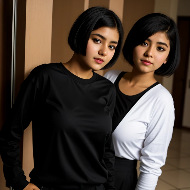 Full body photo, beautiful detailed, cute face, short, slim Guanajuato , short black hair, black hair over one eye, long sleeve T-shirt, long pants, solo, voluptuous breasts,