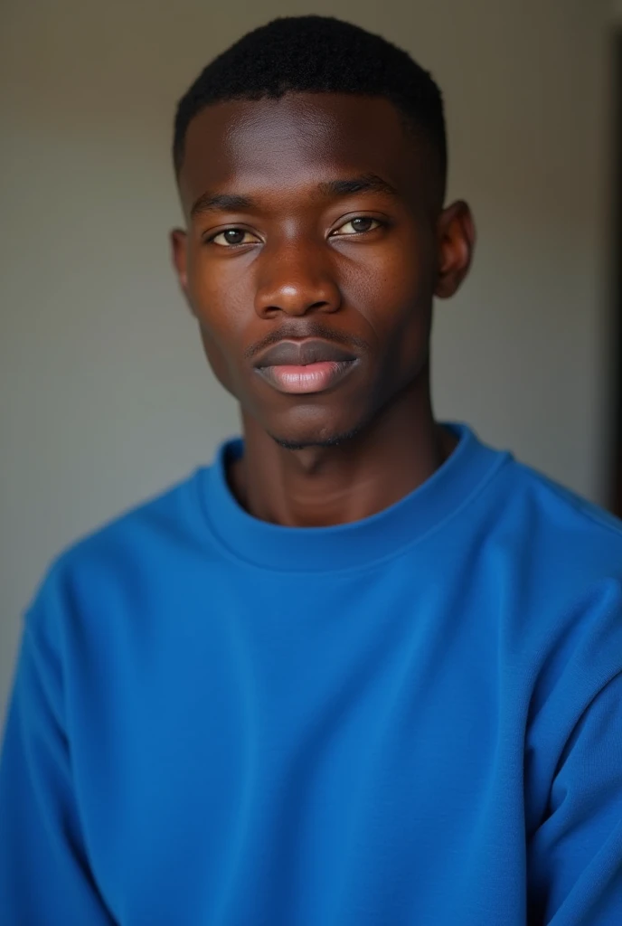 Age: 23 years old
Gender: Male
Skin Tone: Dark, with a smooth and even complexion
Hair: Short, straight, and neatly trimmed. The hair is jet black and lies flat against the scalp, with a clean, well-maintained appearance.
Eyes: Dark brown or black, looking directly into the camera lens with an engaging and confident expression.
Facial Features: Oval face with youthful, defined features. The complexion is clear, with subtle highlights on the cheekbones and forehead from the camera’s lighting.
Vestuário: A blue sweatshirt that fits comfortably and slightly snug around the shoulders. The sweatshirt is a rich, vibrant blue, with a simple design or logo in a neutral tone, adding a touch of modernity.
Pose: Close-up shot, with the young man positioned directly in front of the camera, creating an intimate and direct connection with the viewer.
Lighting: Soft and natural, coming from the front or slightly above, highlighting the smooth texture of his skin and the natural sheen of his hair. The lighting should create gentle shadows that accentuate his facial features without being harsh.
Background: Simple and blurred, ensuring that the focus remains on the young man’s face. The background should be neutral, with subtle tones that complement but do not distract from the main subject.