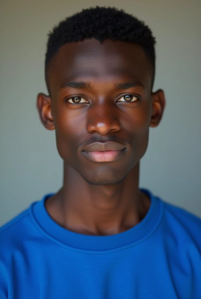 Age: 23 years old
Gender: Male
Skin Tone: Dark, with a smooth and even complexion
Hair: Short, straight, and neatly trimmed. The hair is jet black and lies flat against the scalp, with a clean, well-maintained appearance.
Eyes: Dark brown or black, looking directly into the camera lens with an engaging and confident expression.
Facial Features: Oval face with youthful, defined features. The complexion is clear, with subtle highlights on the cheekbones and forehead from the camera’s lighting.
Vestuário: A blue sweatshirt that fits comfortably and slightly snug around the shoulders. The sweatshirt is a rich, vibrant blue, with a simple design or logo in a neutral tone, adding a touch of modernity.
Pose: Close-up shot, with the young man positioned directly in front of the camera, creating an intimate and direct connection with the viewer.
Lighting: Soft and natural, coming from the front or slightly above, highlighting the smooth texture of his skin and the natural sheen of his hair. The lighting should create gentle shadows that accentuate his facial features without being harsh.
Background: Simple and blurred, ensuring that the focus remains on the young man’s face. The background should be neutral, with subtle tones that complement but do not distract from the main subject.