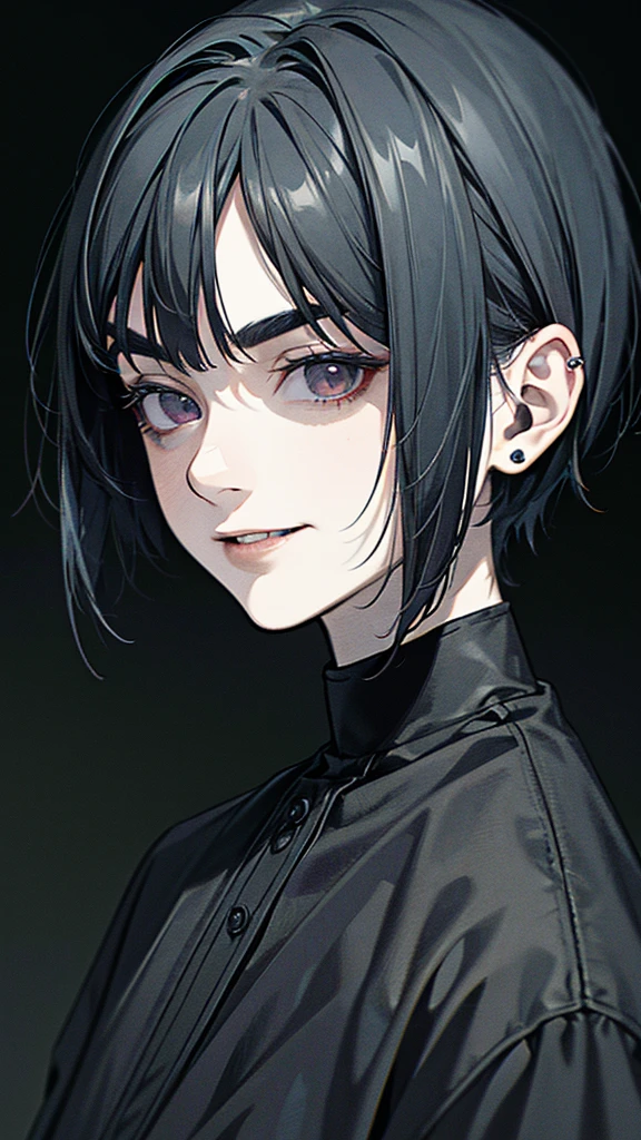 1girl, ((black hair color)) , short hair, piercings, a smile, ((solo)), Evil eyebrows, (gray eyes color), (close up face, Masterpiece, Best Quality:1.2), 8k, offcial art, absurdres,(very dark Grey background:1.4), ultra realistic, high-definition, Photography, Film grain, chromatic aberration, sharp-focus, HDR, Colorless eyes