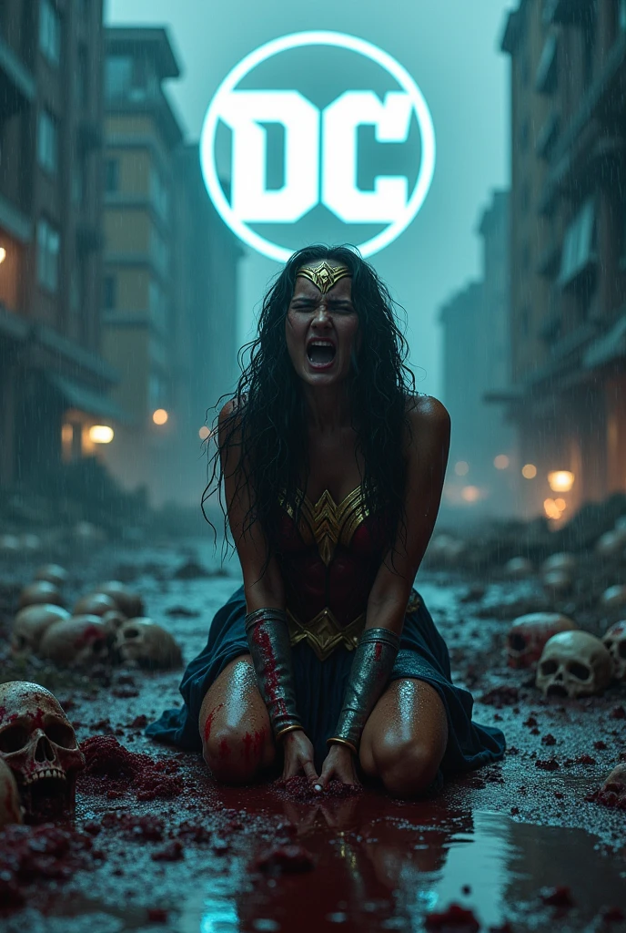 A beautiful woman, Adriana Lima, under the guise of the Amazonian warrior Wonder Woman, kneels, screaming in exhaustion after a battle, blood around her in a rain-soaked, apocalyptic city full of skulls, a fluorescent DC logo in the images.
