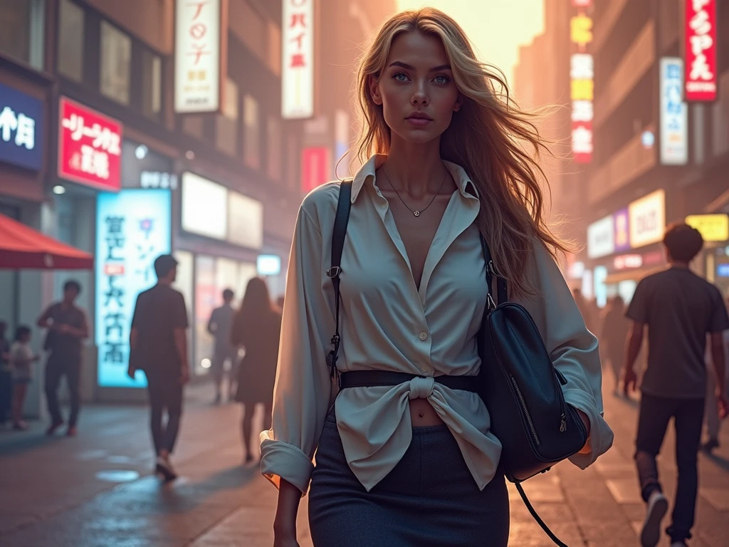 masterpiece, Best Quality, 8k, Photographic Reality, realist, Octane rendering, Bustling urban streets of Japan (1 woman: 1.4), (Just a woman on the screen: 1.3), (White shirt), (long golden hair), (Hip Wrapped Skirt), (blue eyes) Upper body display