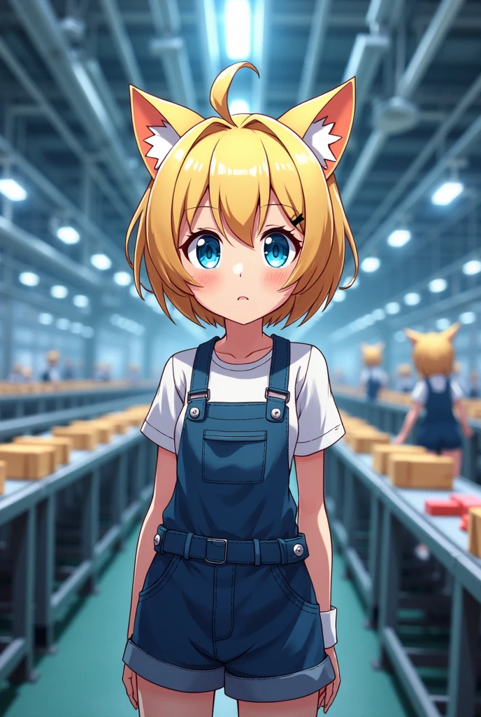 A picture that looks like mass production、Please draw a character with blonde hair and cat ears, with a、The eyes are blue、ータ系 style.。