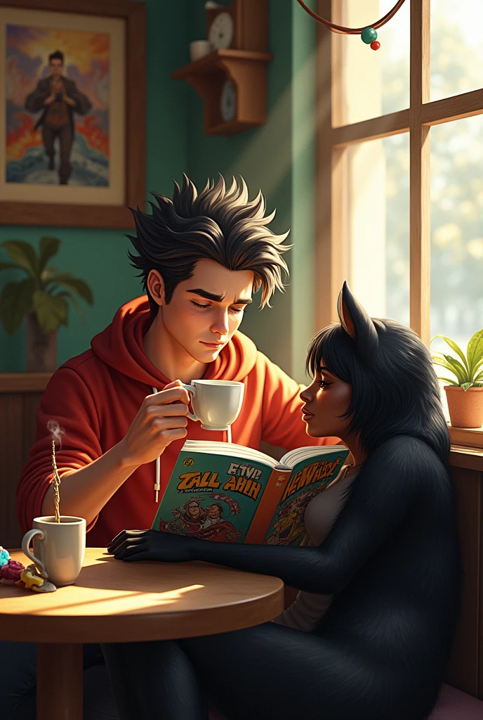 19 year old English wizard with spiky hair tanned skin drinking coffee and reading a manga with his hellhound playing with a toy and an 18 year old African woman with short straight hair sleeping on his lap