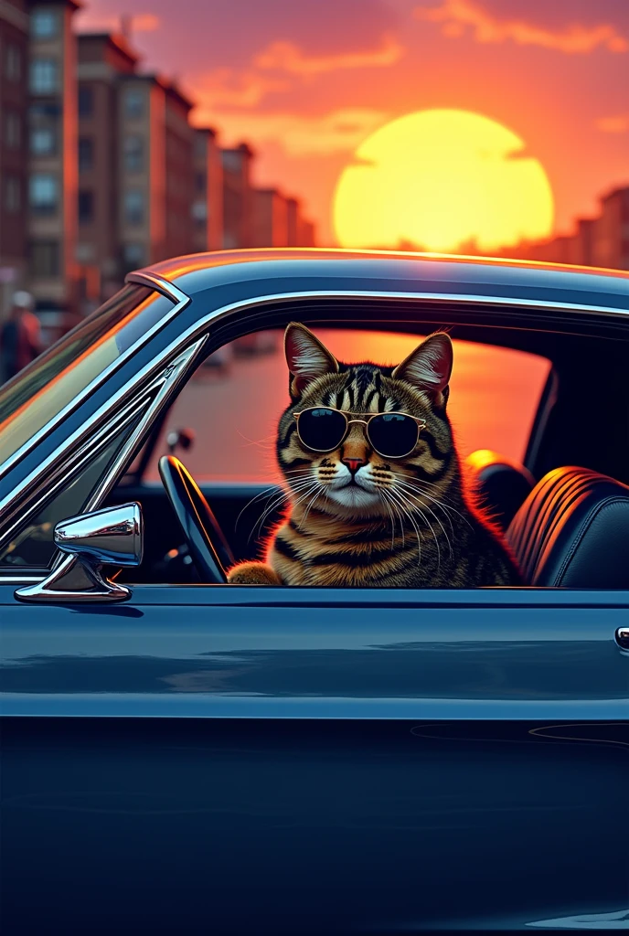 A cat inside a mustang 1969 model wearing shades with the car's exterior showing