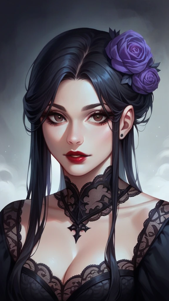 realism; black lace dress; gothic; straight hair; long black hair; beautiful eyes; beautiful, red lips; brown eyes; background with fog and violet flowers
