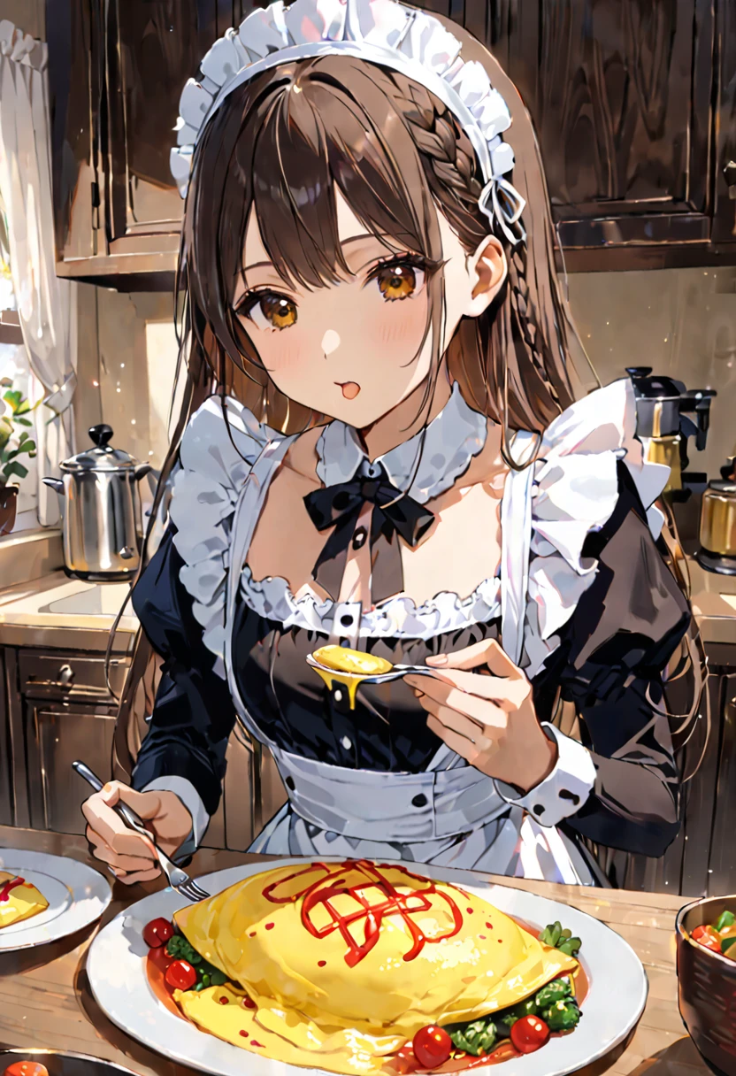masterpiece, Highest quality, One person, alone,Simple kitchen、 holding 箸、Dark brown braid、Maid clothes、(Just one omelet)、eating、