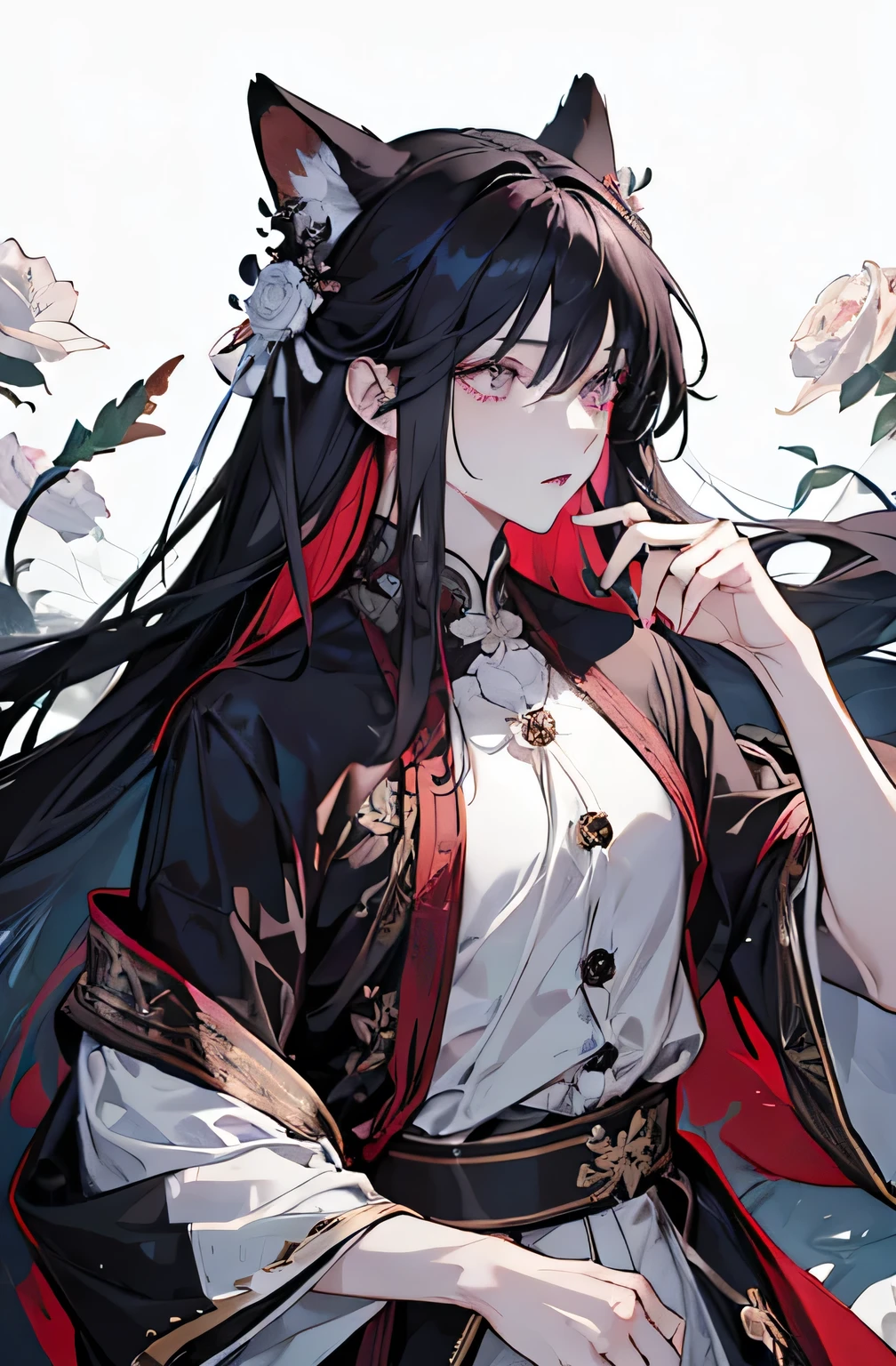 (best quality) (1 male), adult 25 years, ((long dark-rose hair)), long disheveled pearl hair, (eyes is completely black, the white of the eye is black), pale skin, gentle delicate facial features, little to no clothes, looking up beautifully, half-body, kitsune ears, fox ears, fox ears, fox ears, fox ears, half body, half body. 