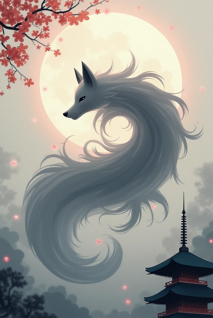 make a kitsune flag with a Japanese background in gray tones and undertones