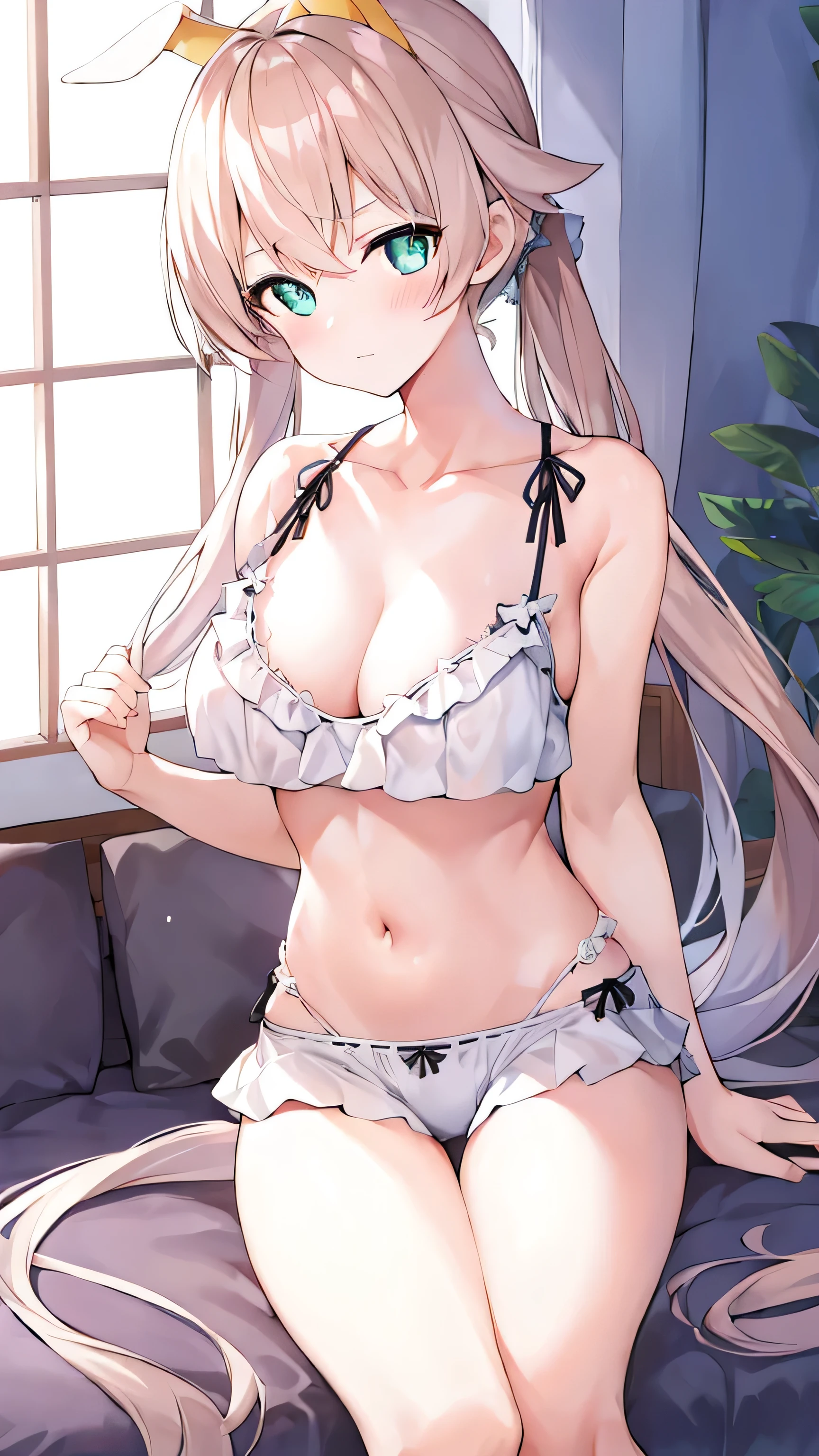 (masterpiece:1.2), best quality, high resolution, Unity 8K wallpaper, (illustration:0.8), (Beautiful and delicate eyes:1.6), Extremely detailed face, Perfect lighting, Extremely detailed CG, (Perfect hands, Perfect anatomical structure),1 girl, , Solitary, , Black_shorts, Play_, Purple_With eyes, shorts, Lopez,gold_hair, Double tail, hair_deco, fail, fail_, blush, curtain, sit, Sweating, Dutch Cupola_Cupola, indoors, fail_Play_, _Shoulder, band_Clip Slip, By Bangs, Deactivate_beak, star_(Symbolism), _top, short_shorts, star_hair_deco, window, V-shape_Eyebrows are very, clavicle, vague, Large_, _Clip Slip, Ahog, dolphin_shorts, Play_Plays, vague_background, Jewel-like, Side lock, White__top, varies through, shirt, short_Double tail, breast,nipple,underwear,White_shirt,