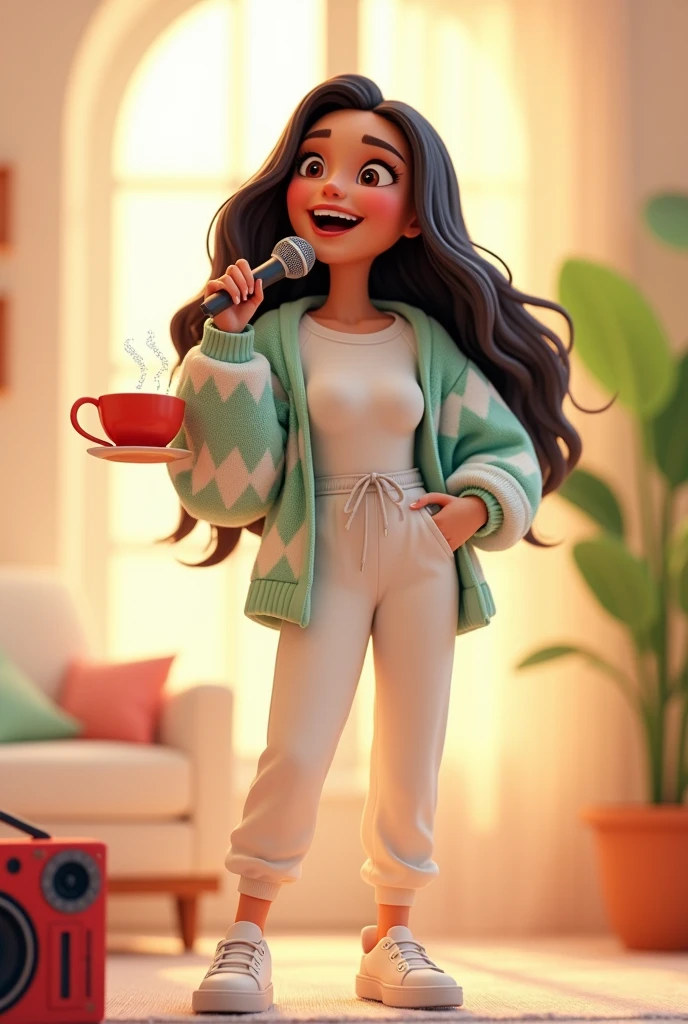 **full body, sweet, CGI pixar image and cute 3D style drone camera view featuring a  character illustration of a long-haired, brown-faced, long-haired woman smiling cheerfully, wearing a white and green sweater, white shirt top, white sweatpants, white shoes, singing in front of a microphone in his right hand, and a cup of white sound system  and red tea in his left hand against a soft background --ar 5:6 --s 1000 --cref URL URL URL --sref URL --v 6.1* *