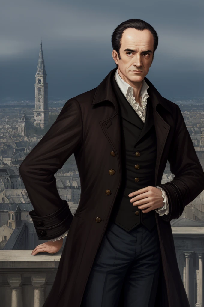 Highest quality, masterpiece, High resolution,，（Jacques Hébert），French，French Revolution politician，（French cityscape_background），Thin Hair，Broad forehead，wig，Middle-aged men，Anime Style, 4K, alone，whole body， looking at the camera, ，Black Hair，Brown_coat， Hyper Detail, (Intricate details),