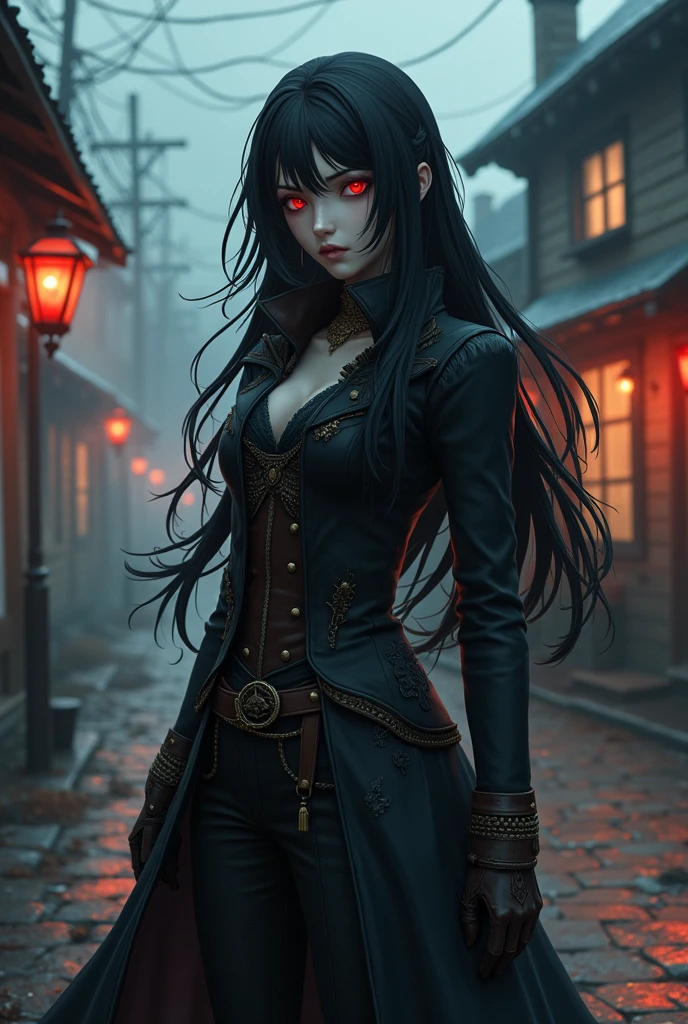 An anime character: A white woman, long black hair with red eyes.
He dresses in the Bloodborne style..
the background a village from the 50s