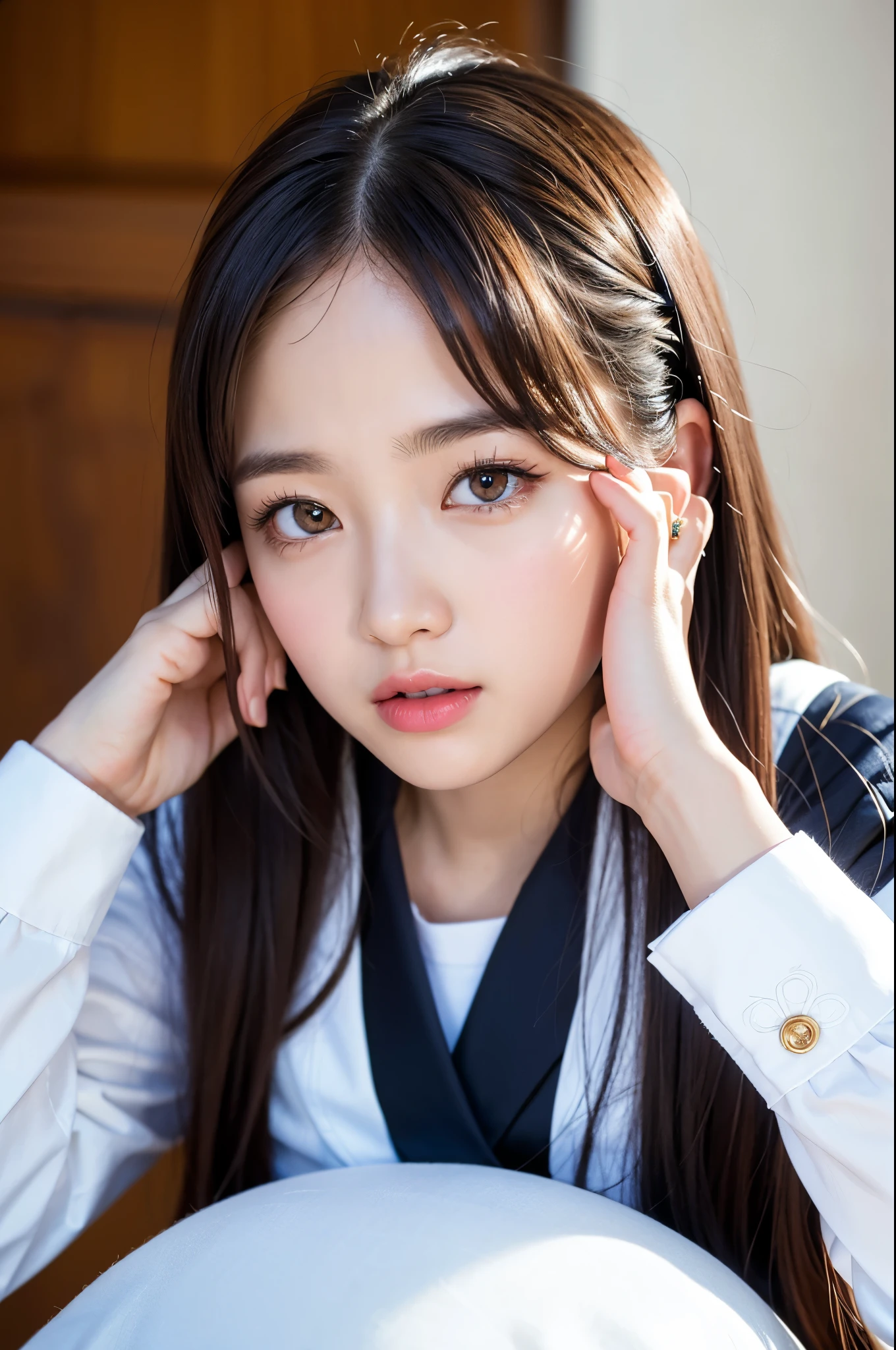 (Raw photo:1.2), (Photottorial,:1.4), a beautiful detailed girl, extremely detailed eye and face, beatiful detailed eyes, Ridiculous, unbelievable Ridiculous, huge filesize, Ultra-detail, hight resolution, ighly detailed, best qualtiy, masuter piece, , Kemomimi, ((Japan Girls' High School Uniform)),, ighly detailed, UHQ, unification, 8k wallpaper, magnificent, finely detail, masuter piece,, best qualtiy, Highly detailed UHQ uniform 8k wallpaper, Light on the face、Movie Lighting、16yo girl、((dynamicposes))、(half)、(panthyhose、、、、)、(Sit on your legs with your knees bent))、shorth hair、long neck、Put your ears out、bangss、big eye、Lashes、cute little、a very cute