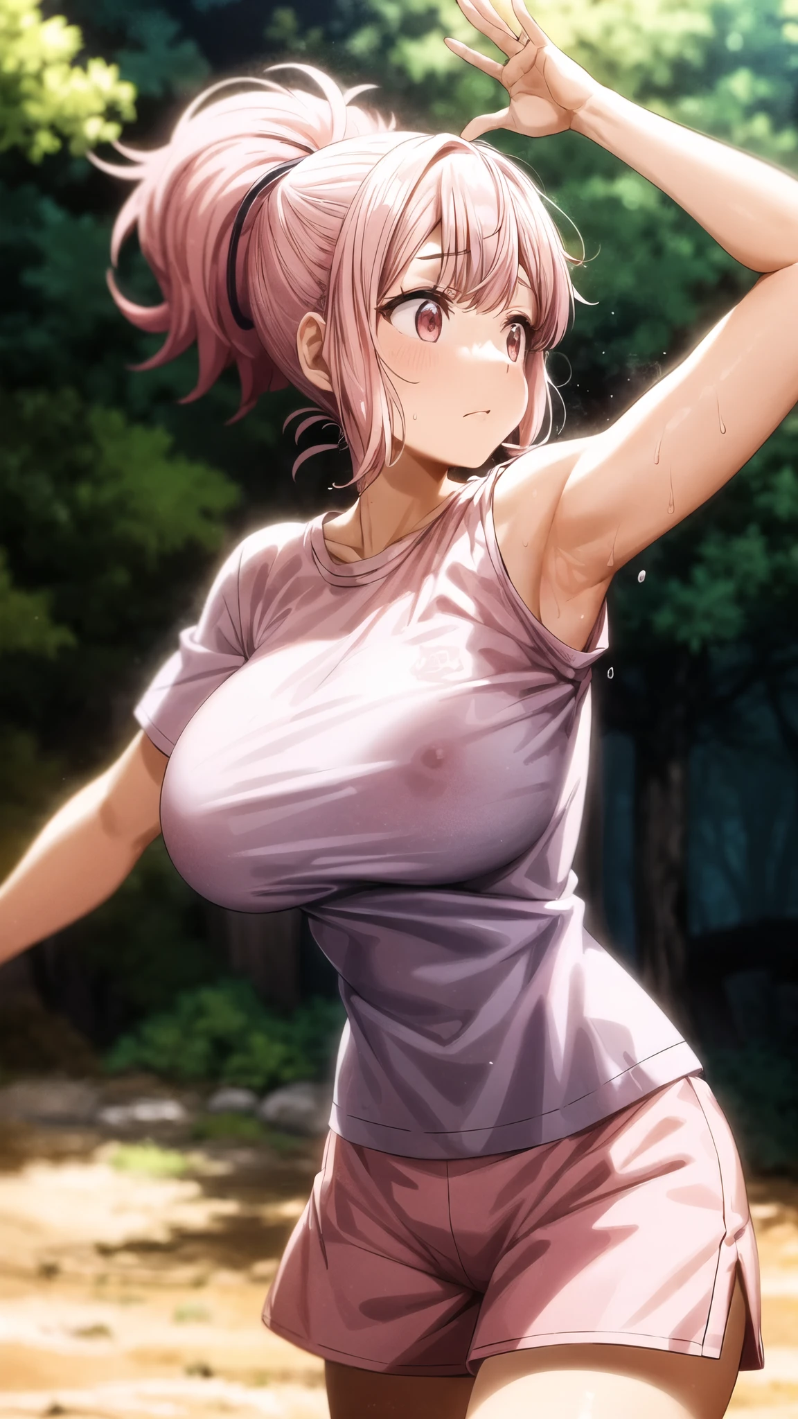 Fujiwara Chika, pink haired woman , ponytail hairstyle, huge breasts, Setting in a forest, Clothing short-sleeved shirt, Short shorts arms raised showing armpits covered in sweat, Well-formed chest, good attributes, her breasts ,a lot of sweat on her face and breasts all over her body, hot climate