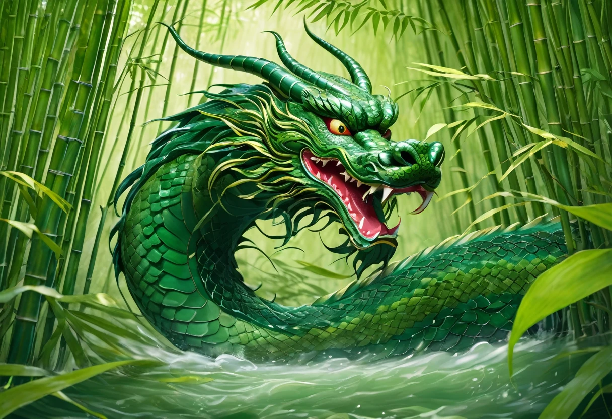 An Asian serpentine dragon, floating,  flowing serpent like,  through a dense bamboo forest weaving effortlessly between bamboo, stalking the viewer, menacing look
