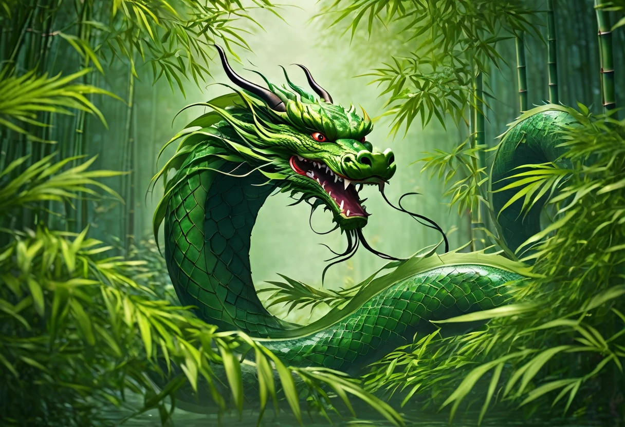 An Asian serpentine dragon, floating, flowing serpent like, through a dense bamboo forest weaving effortlessly between bamboo, stalking the viewer, menacing look