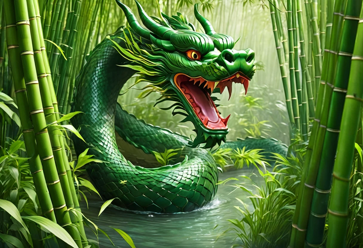 An Asian serpentine dragon, floating, flowing serpent like, through a dense bamboo forest weaving effortlessly between bamboo, stalking the viewer, menacing look