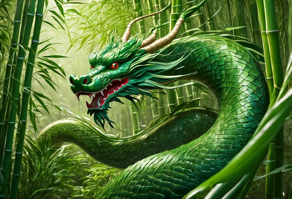An Asian serpentine dragon, floating,  flowing serpent like,  through a dense bamboo forest weaving effortlessly between bamboo, stalking the viewer, menacing look
