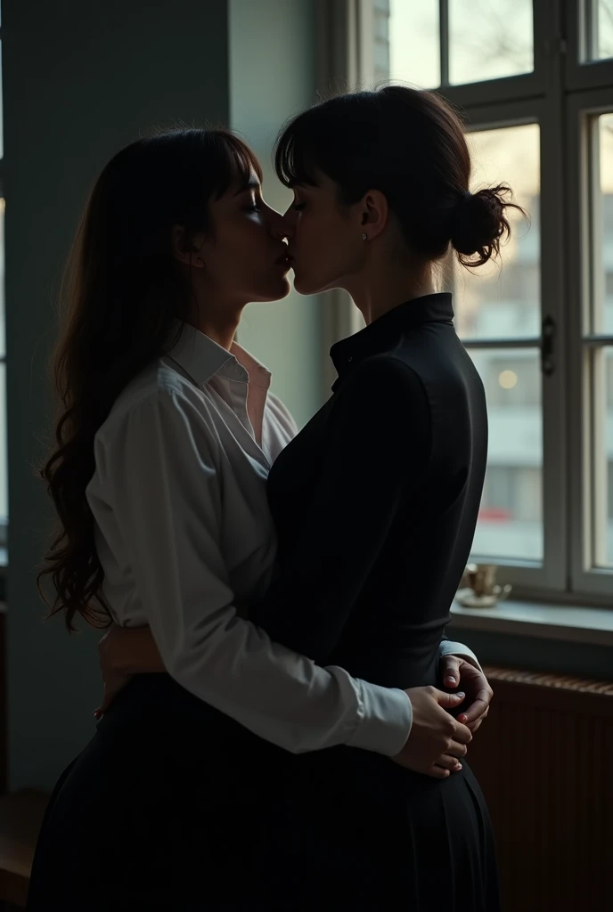 A sexy schoolgirl in a long-sleeved white school uniform stands passionately kissing a sexy female teacher in a black shirt in the darkness of a dark room. She hugs the female teacher.