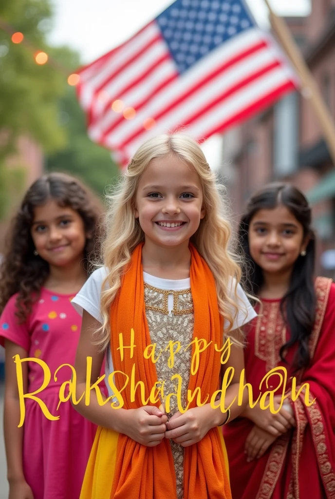 A blonde girl with Burnett girls in America with their country flag behind and text" Happy Rakshabandhan" in foreground 