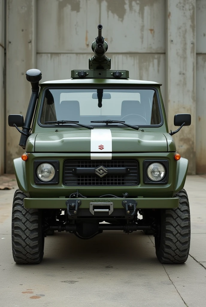 a 1980s Suzuki kei truck , A boxy body, advanced cabin, Straight, army military paint scheme、a simple line on the front without a front grille, rear engine, iron wheels without hubcaps in body color, No door, the most simplistic version without chrome, square headlights bolted onto the front sheet metal, parked on a base, a hatch on the roof and a machine gun mounted on the roof.