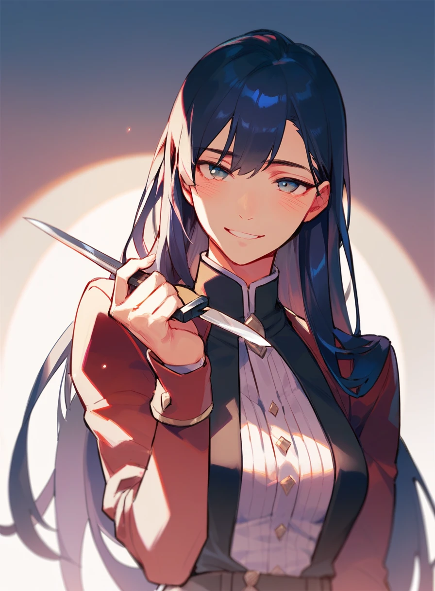 Beautiful girl female human cute woman long straight hair busty killer with a knife in hand and blood blushing with a sadistic smile